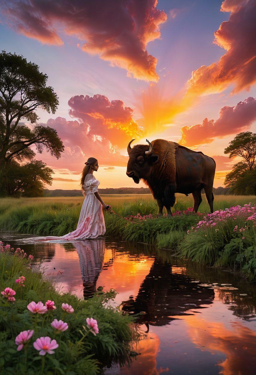 A captivating sunset over a serene Buffalo landscape, showcasing a couple embracing, surrounded by lush greenery and soft light. The scene should incorporate elements of romance, like a heart-shaped cloud or gentle petals floating in the air. Soft focus on the couple, with a contrast of sharp details on a vintage camera nearby to symbolize stunning photography. The overall mood should be warm and inviting, evoking feelings of love and security. super-realistic. vibrant colors.