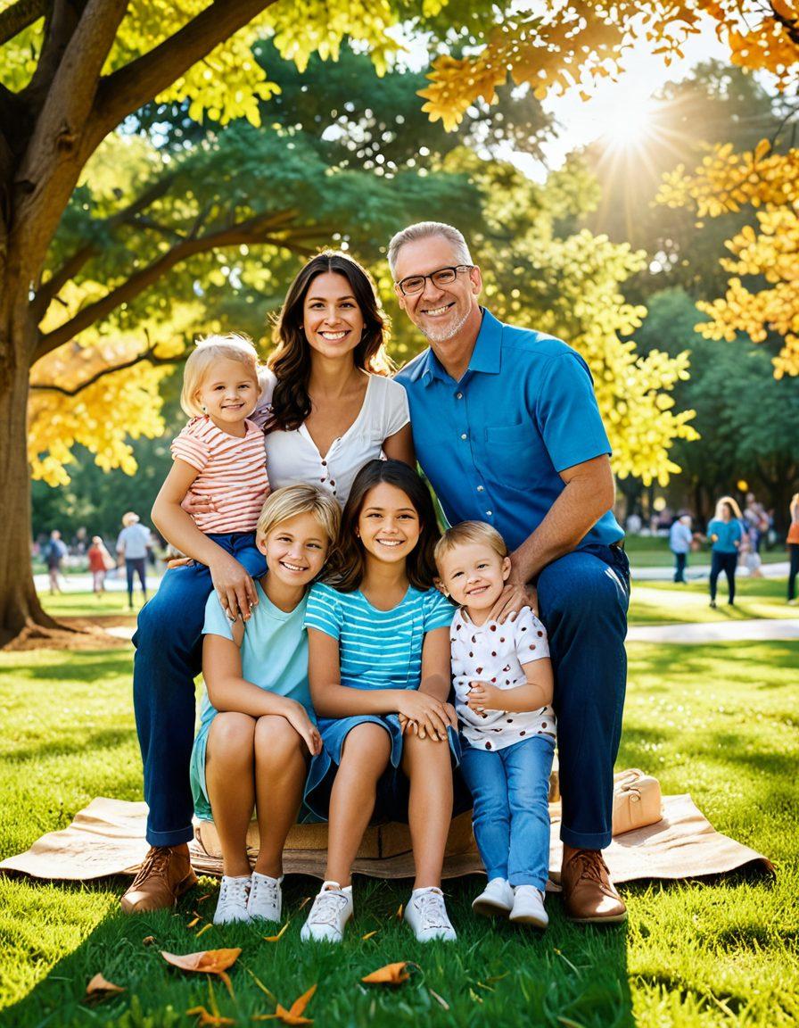 A visually engaging collage depicting a photographer capturing a portrait of a family in a warm, sunlit park, blending seamlessly with insurance policy documents that float around them like leaves in the wind. The family's joyful expressions symbolize memorable moments, while faint outlines of cityscapes in the background represent comprehensive coverage. The scene is vibrant and inviting, emphasizing the connection between personal memories and the security of insurance. super-realistic. vibrant colors. 3D.